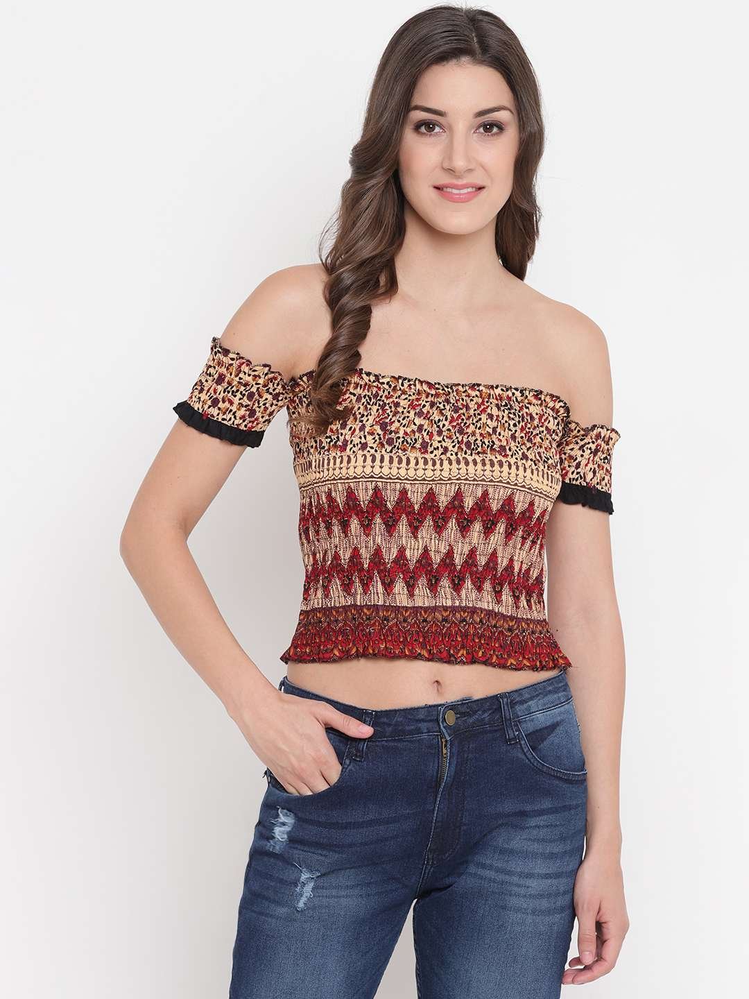 Women's Rayon Printed Off-Shoulder Smocked Crop Top Short Sleeve Casual Styles Tank Top (FREE SIZE) Multi8